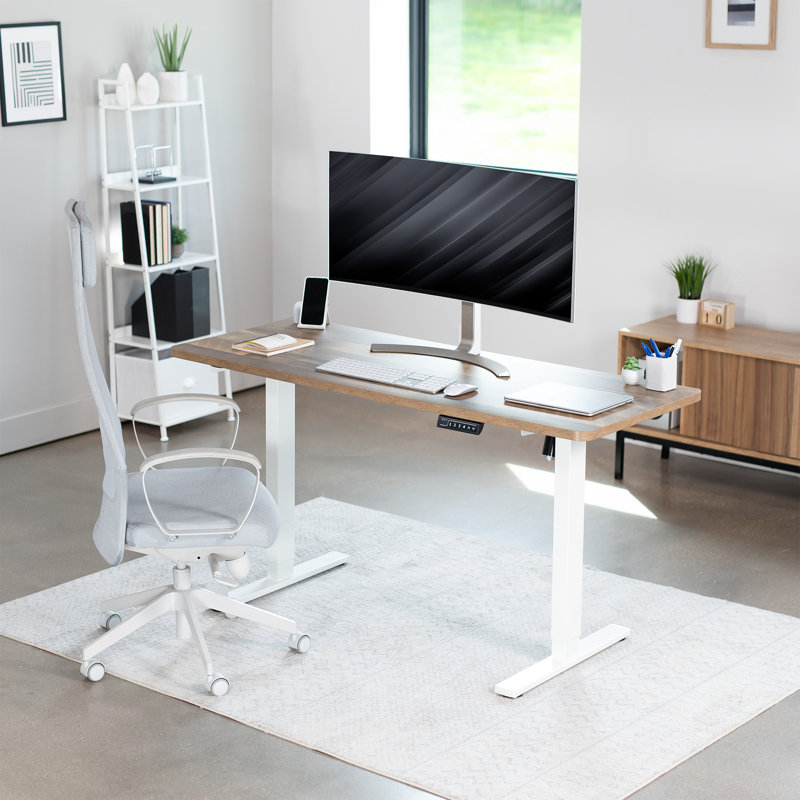 VIVO Single Motor Electric Desk with Push Button Memory Controller, Reclaimed Wood/White, 48.5" H x 59" W x 23.6" D