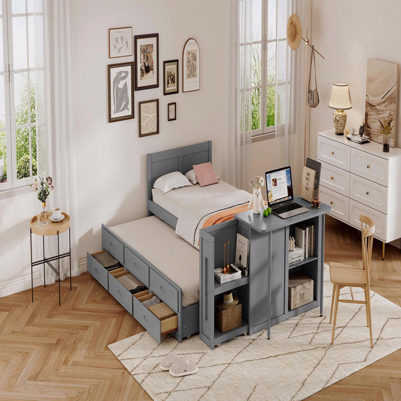 Structure de lit plateforme simple en bois, bureau, tablette de rangement, lit gigogne, 3 tiroirs, Gris