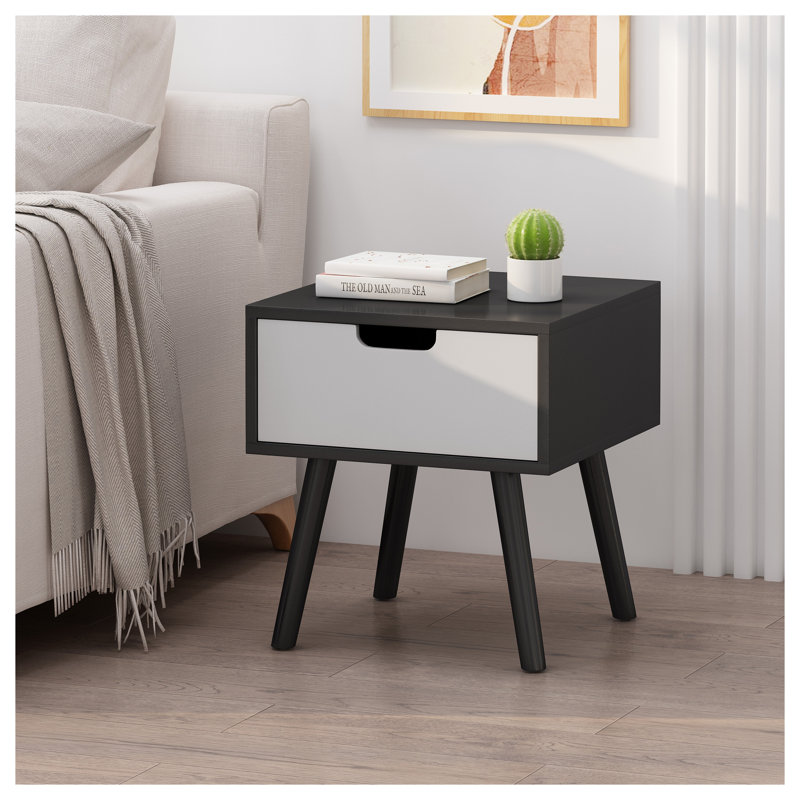 Table de bout moderne Mid-Century avec tiroir de rangement - Table de chevet noire et blanche pour le salon