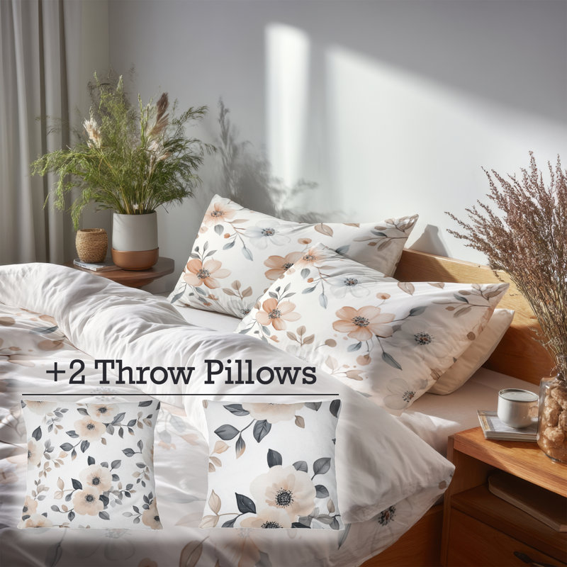 Ensemble de housse de couette et coussin décoratif Floral Floral Bedding, Housse de couette très grand + 4 pièces supplém