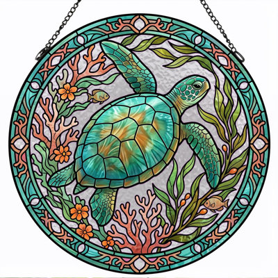 Sea Turtle Stained Glass Window Panel，12"H