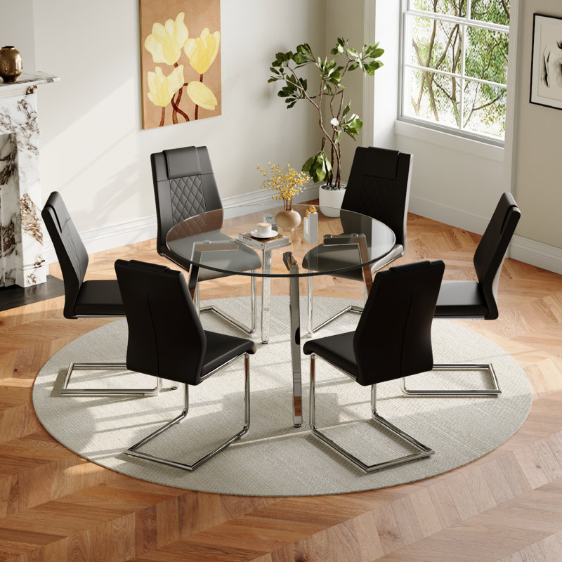 Glass Top Dining Set, 7, Silver, Black/Silver