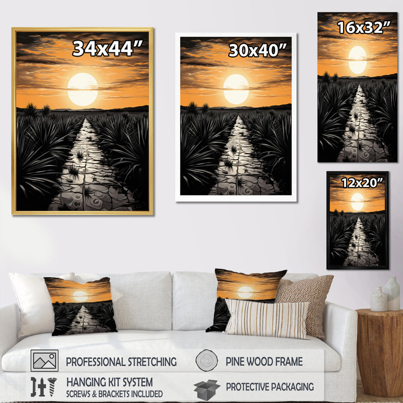 «Madlaina Orange», art mexicain noir, tequila lever de soleil sur toile, H 32 po x l 24 po x P 1 po, Cadre photo blanc