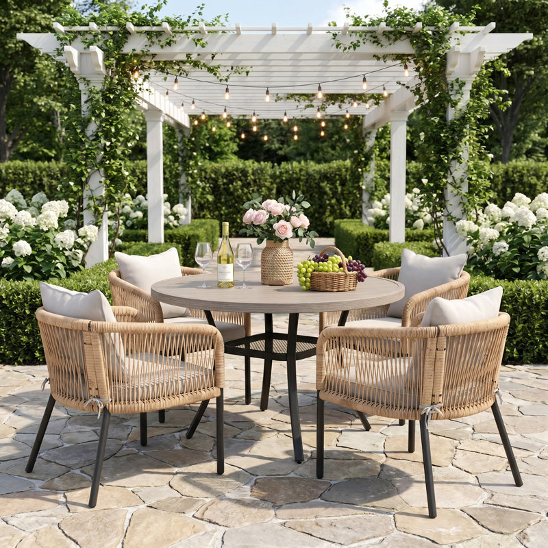 Ensemble repas pour 4 personnes avec chaises en rotin PE tissé, Beige, Gris, Brun