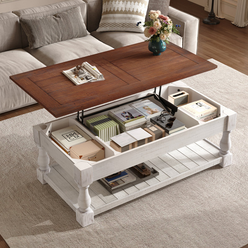 Table basse à plateau relevable Farmhouse, Blanc ancien, Espresso antique