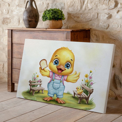 Toile, un joyeux bébé canard caricatural se tient joyeusement sur un patch d'art mural portant un vêtement à carreaux bleu clair