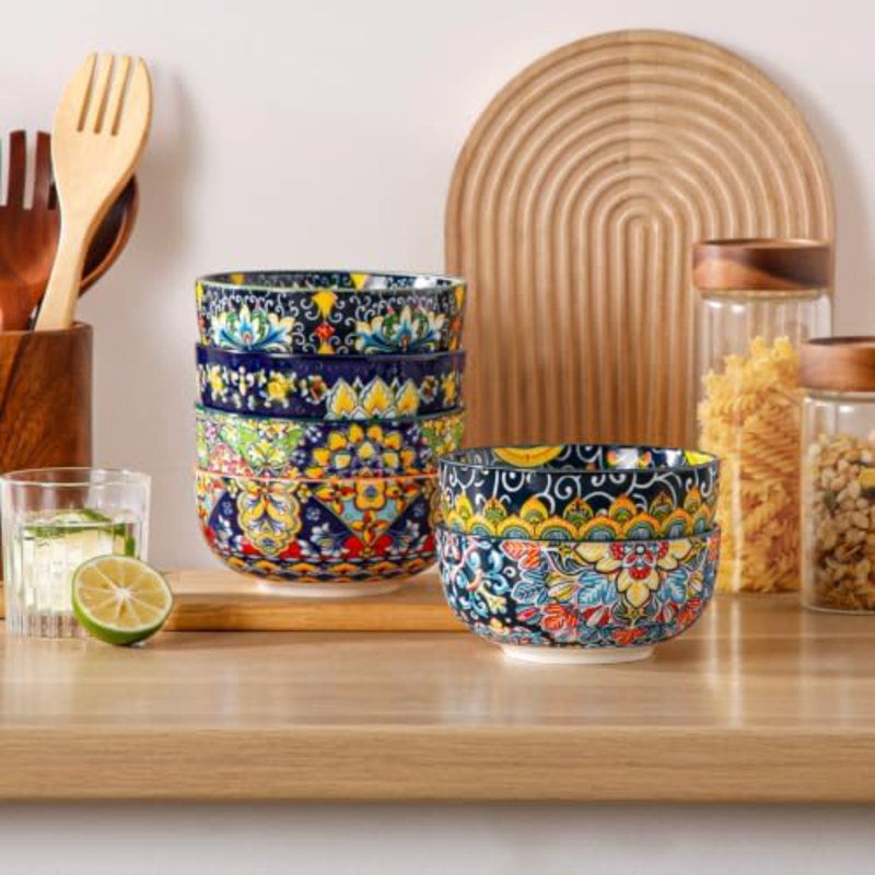 Cereal Bowls Set of 6, Bohemian Ceramic Soup Bowls, 28 oz Colorful Bowls Set for Kitchen, Dishwasher & Microwave Safe for Salad, Pasta, Rice, Oatmeal, Fruit (Pack of 2)