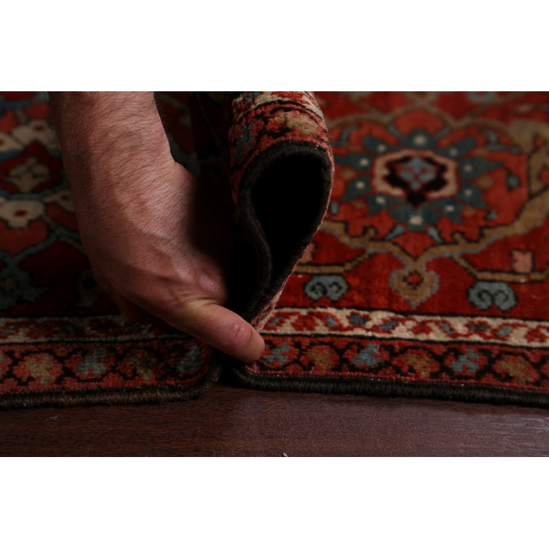 Tapis décoratif en laine de conception unique noué à la main 1910s Heriz Serapi Rust 12 pi 5 po x 18 pi 8 po