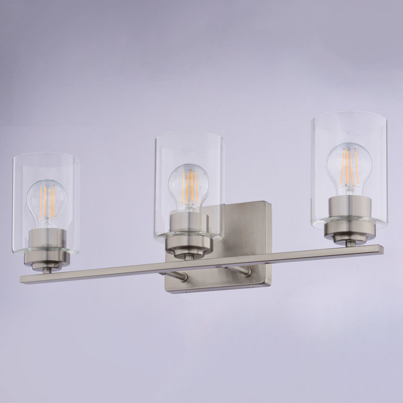 Hitchin Transitional Bathroom Vanity Lighting Fixture, Clear Glass Cylinder Shade, Dimmable, LED Compatible, Reversible Over The Mirror Mounted Steel Wall Sconce