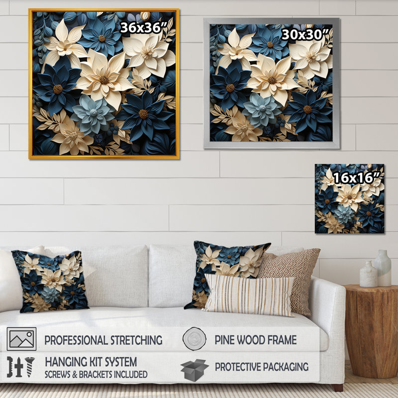 Fleurs de poinsettias blanches et bleues II sur toile, H 36 po x l 36 po x P 1,5 po, Toile tendue