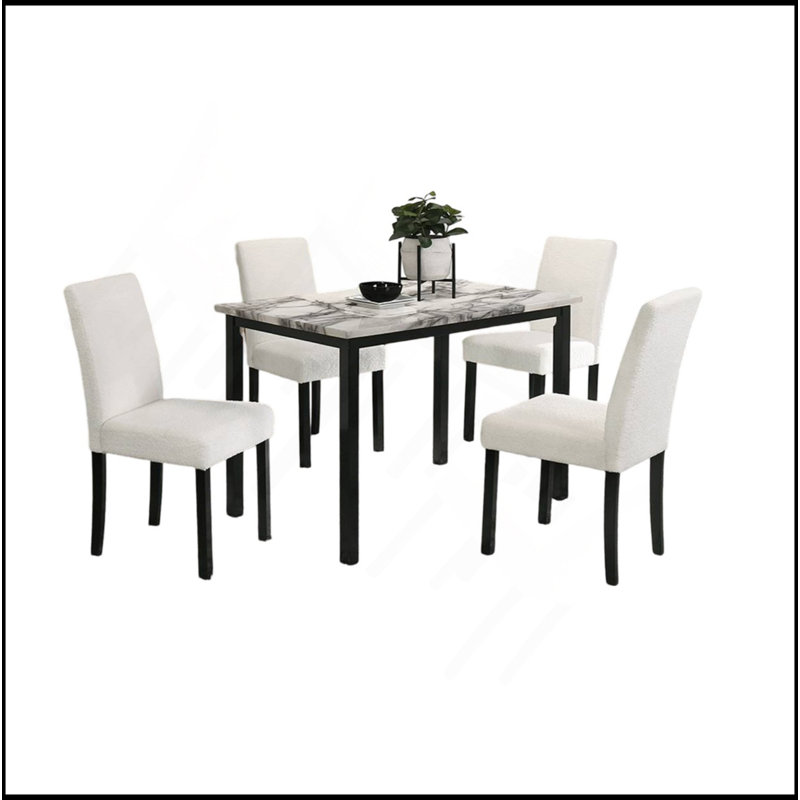 Wool Fabric Chairs Faux Marble Top Table 5Pc Dining Set Kitchen Dinette Cushions Upholstered 4X Chairs Dining Room, Black