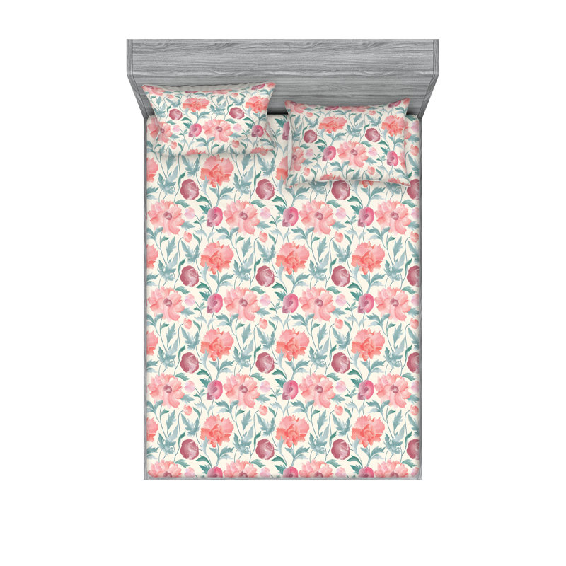 Ambesonne Fitted Sheet & Shams, Queen Sheet Set with 2 Pillowcases, Cadet/Blue Flower