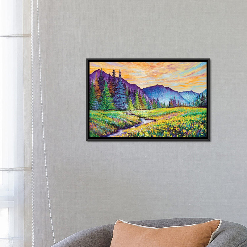 «Mountain Sunrise» par Kimberly Adams - reproduction d'art, H 18 po x l 26 po x P 1,5 po, Toile avec cadre noir, Pas de tapis
