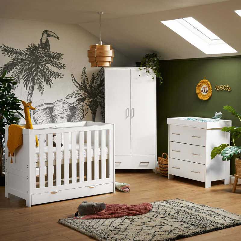 Nika Mini Cot Bed Nursery Furniture Set & Underdrawer, White Wash