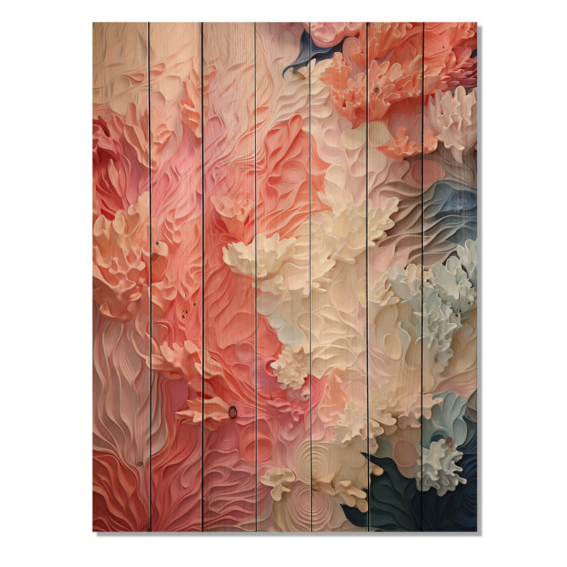 Collage de corail rose et blanc - corail sous l'eau, art mural sur bois de pin naturel, H 32 po x l 24 po