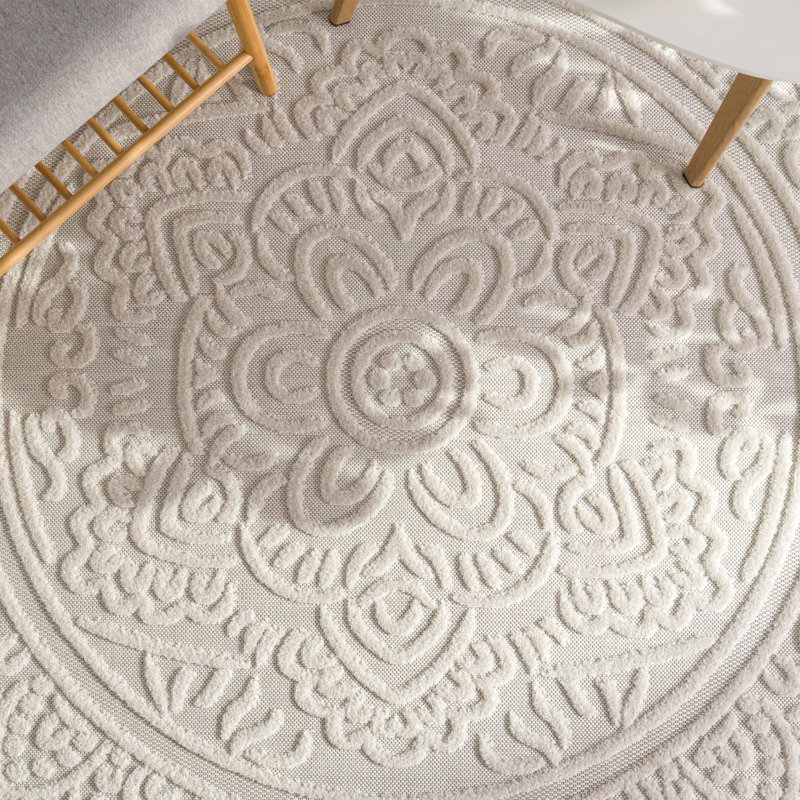 Tapis moderne avec motif de mandala oriental crème, Rectangle 2 pi 8 po x 4 pi 11 po