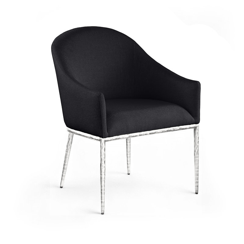 Chaise de salle à manger rembourrée Ferro, Tissu texturé en lin noir, Argent brossé