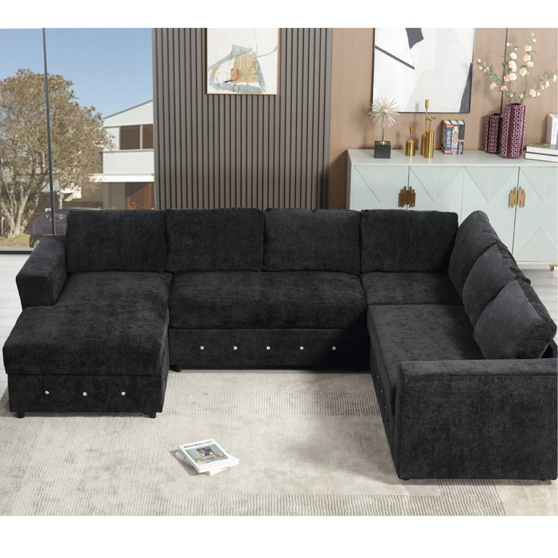 Canapé modulaire en U de 113,83 po avec beaucoup de rangement, revêtement en chenille, bouton en cristal, noir pour le salon, appartement surdimensionné, option modulaire surdimensionnée, forme, chambre à coucher