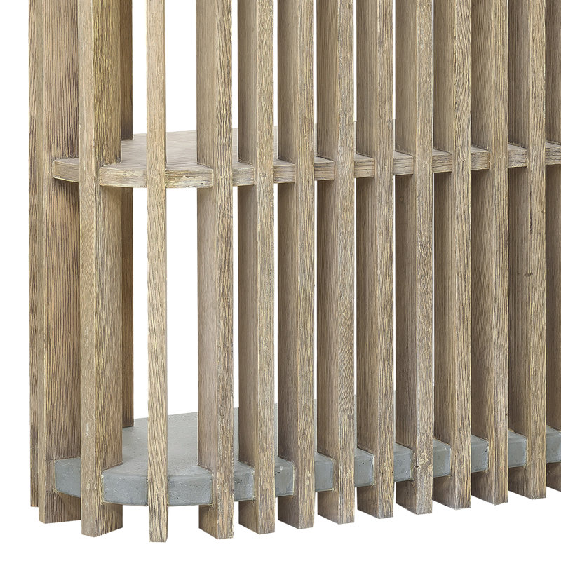 Beige and Gray Wood Slat Display Console with Concrete Top