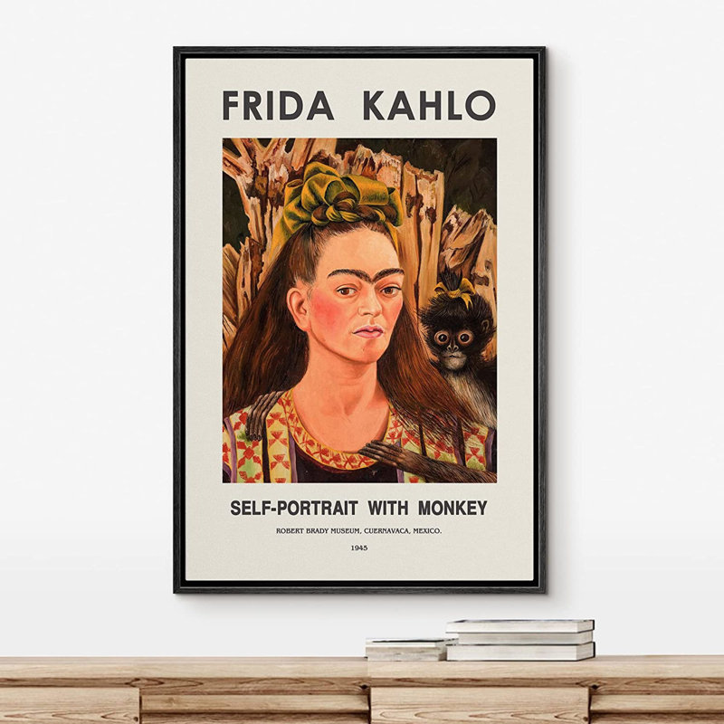 Art mural classique, impression sur toile, autoportrait avec singe par Frida Kahlo, Noir, H 24 po x l 16 po