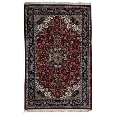 Tapis rouge / bleu marine / crème de haute qualité noué à la main One-of-a-Kind