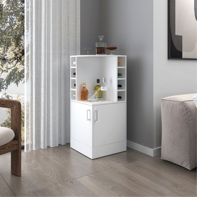 Armoire-bar d'angle avec support à bouteilles, tablettes ouvertes et rangement caché FM Furniture
