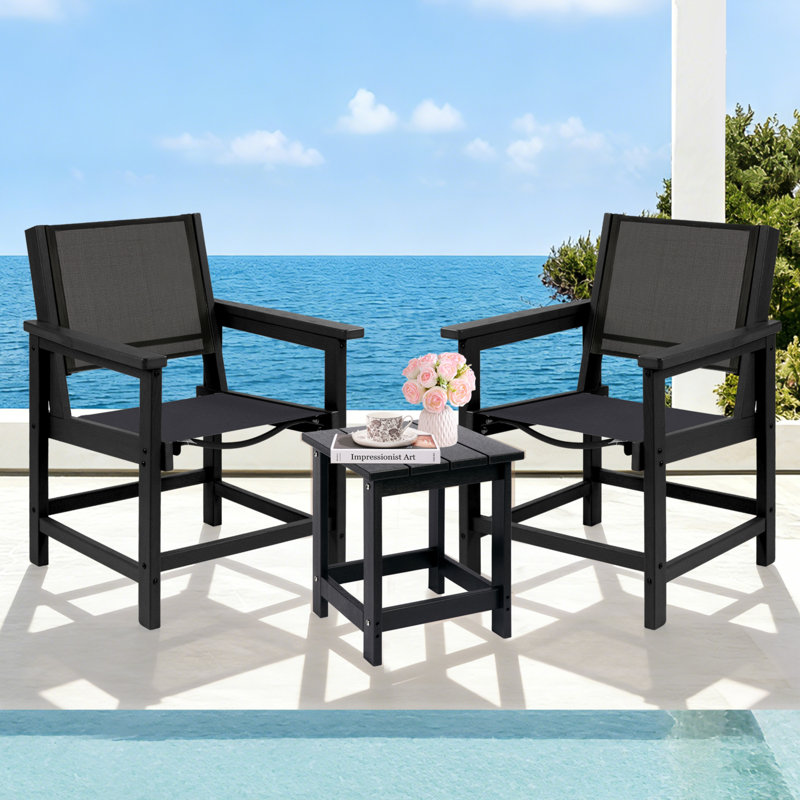 Chaises de patio en PEHD toutes saisons avec finition texturée en bois, tissu textilène confortable de première qualité, Noir