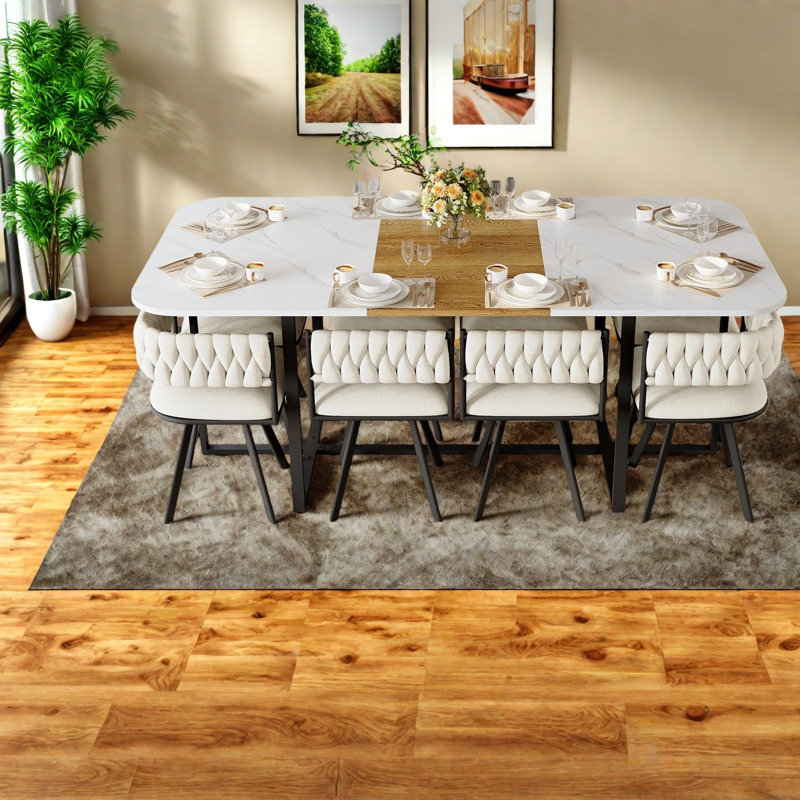 Ensemble de table de salle à manger spacieux 9 pièces, en bois aggloméré durable et en velours, élégance moderne pour la famille