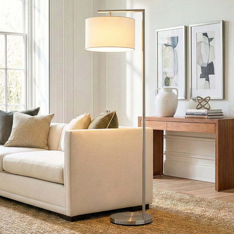 Lampe sur pied à DEL 60 po avec abat-jour tambour en tissu blanc Montage Modern, ampoule incluse, Argent argent, Blanc