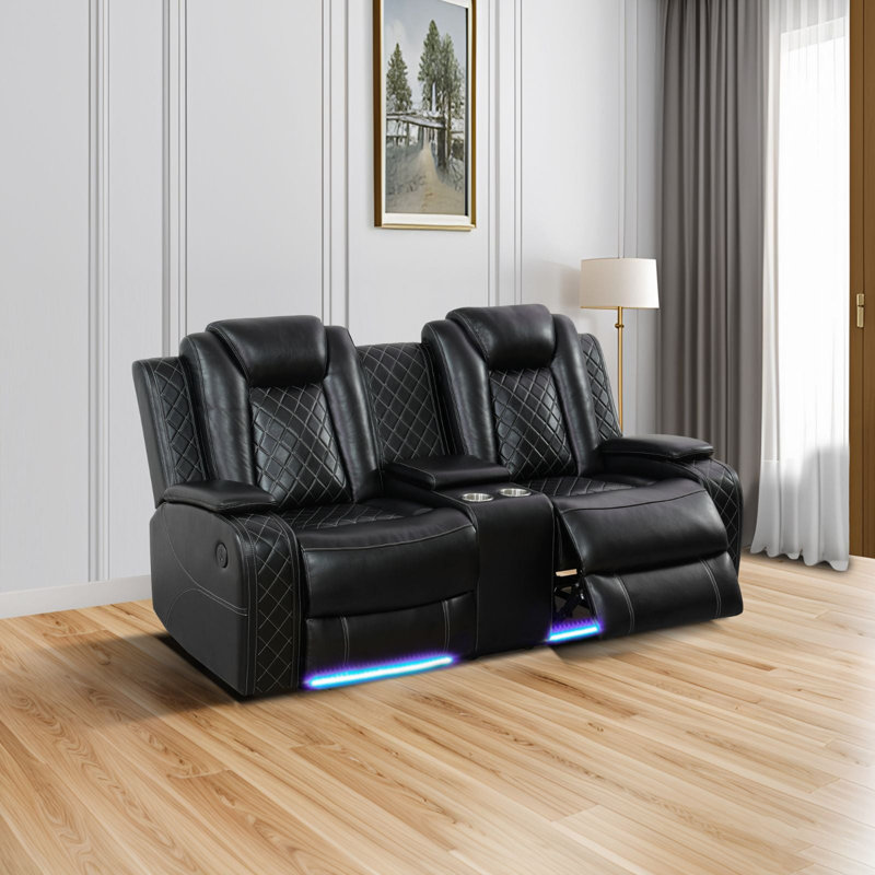 Fauteuil inclinable électrique 73,5 po avec console centrale et causeuse avec éclairage DEL, Noir