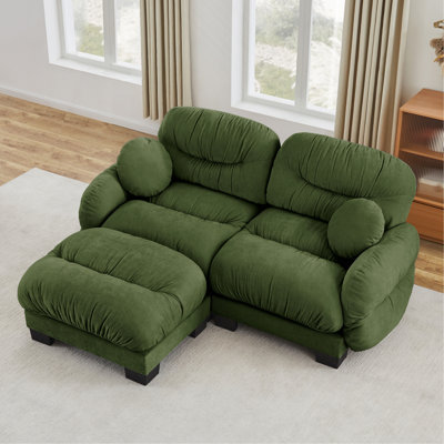 Canapé modulaire confortable à 2 places en tissu de chenille plissé avec siège ergonomique en mousse haute densité, canapé modulaire en forme de L avec repose-pieds, accoudoirs arrondis arrondis et 2 coussins décoratifs ronds