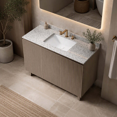 Meuble-lavabo de salle de bain 122 cm (48 po), meuble autoportant, comptoir en granit naturel et lavabo en céramique avec 3 trous prépercés pour robinetterie, démonté, sans robinetterie, sans bonde et sans couvercle de lavabo, coloris Heidelberg imitation bois