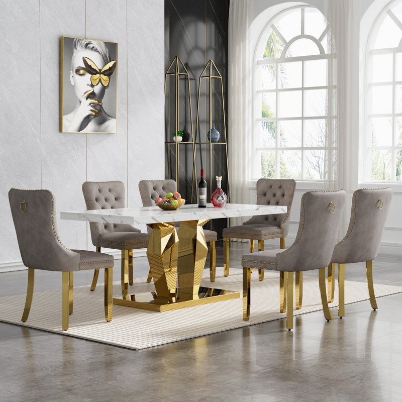 70" Faux Marble Dining Table Set for, White Dining Room Table with Velvet Dining Chairs, Modern Kitchen Table and Chairs Set, Luxury Dining Table Set for Kitchen Dining