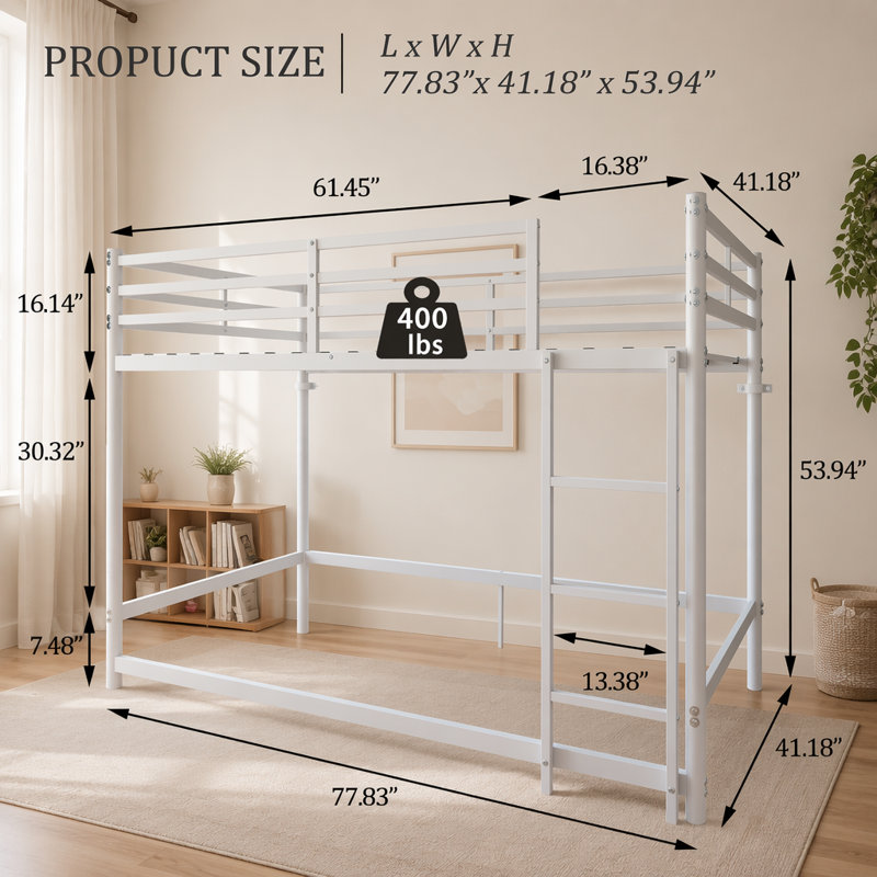 Lit superposé avec échelle et lit superposé en métal à garde-corps haut, espace de rangement, silencieux, taille simple sur simple, blanc