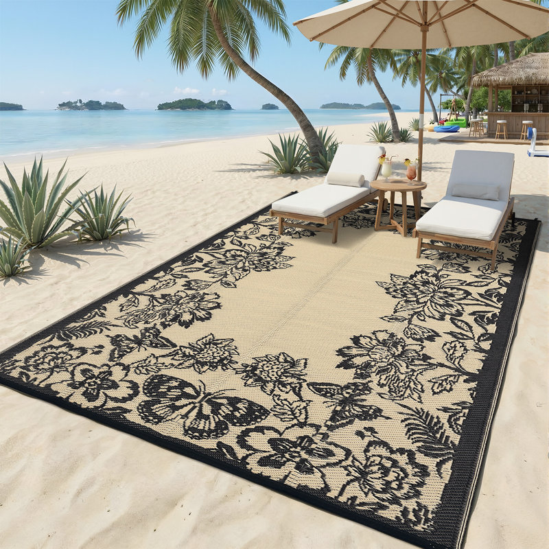 Tapis d'extérieur imperméable avec bordure en plastique - Tapis de pont réversible, résistant aux rayons UV, aux taches et facile à nettoyer pour la cour