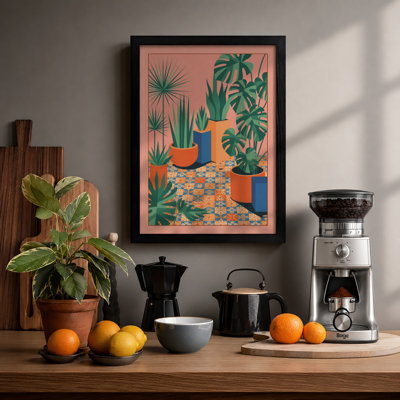Potted Plants in Coral Botanical - Framed Print
