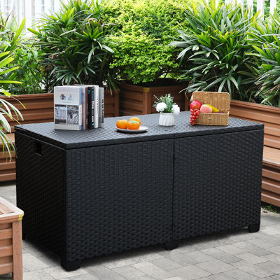 Rattaner Resistant Wicker Deck Box with Gas Spring Lid and Zippered Waterproof Inner Bag