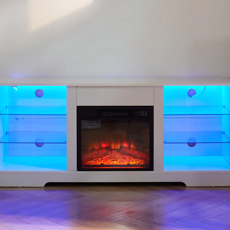Meuble télé blanc pour foyer électrique, flamme réglable, pour téléviseur de 32 à 62 po, console de l 58 po x P 15,5 po x H 24,4 po, l 58 po, s'adapte au réglage de la vitesse de combustion de la flamme, aux compartiments de rangement