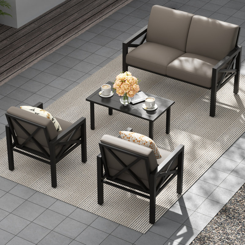 Myrtlene 4-Person Outdoor Seating Group with Cushions , Shale Cushion/Black Frame