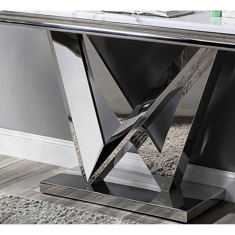 Table de style moderne 1Pc avec plateau en faux marbre biseauté de 18 mm, piédestal en forme de V en acier inoxydable, base rectangulaire, surface gérable au design élégant