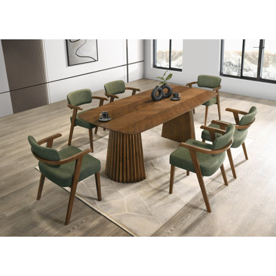 Weybridge - Mid-century Modern Green Fabric + Herringbone Walnut Dining Set