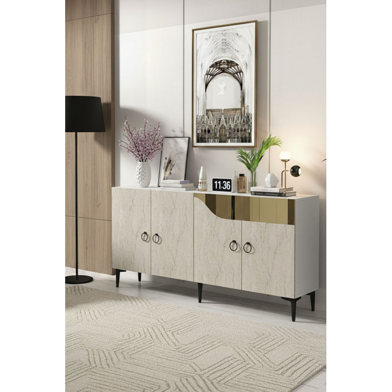 Console Adams avec tablettes multiples, blanc et travertin avec détails dorés Adams, 59,1 po x 29,5 po x 12,6 po | Panneau de particules 100% enduit de mélamine, durable et élégant | Fixation murale, parfaite pour la décoration intérieure