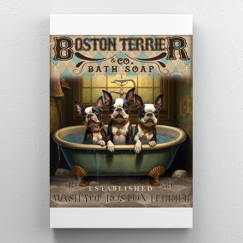 «Boston Terrier Bath Soap», reproduction d'art rectangulaire sur toile tendue 1 pièce, H 36 po x l 24 po x P 1,25 po
