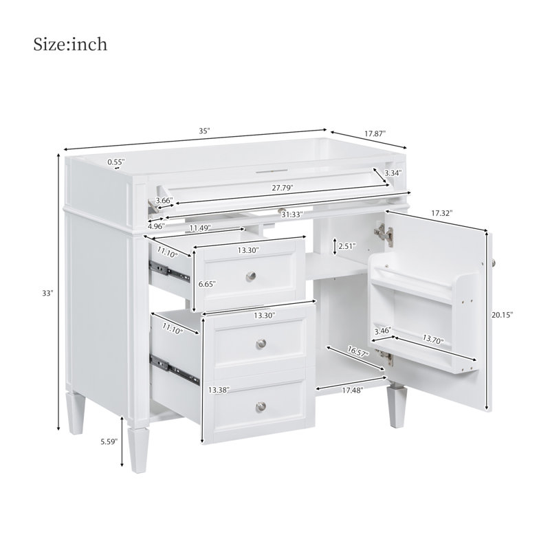 Base de meuble-lavabo simple 35 po seulement, Blanc, Argent