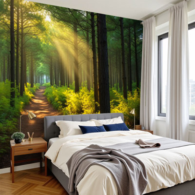 Papier peint auto-adhésif vert forêt, pin naturel, arbres naturels, grands arbres en bois, H 100 po x l 144 po, papier peint amovible en PVC, adhésif pour chambre à coucher, bureau à domicile