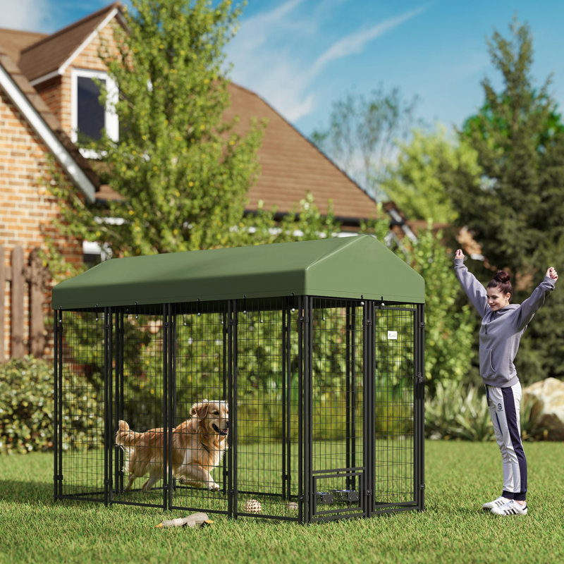 Chenil d'extérieur pour chien avec porte-bol rotatif, clôture pour parc pour chien avec couvercle imperméable, 8 pi x 4 pi x 6 pi, vert