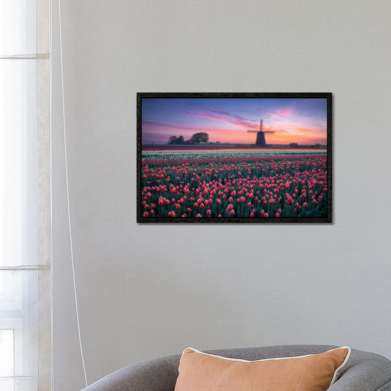 Windmill And Tulips by Dick Van Duijn - Print on Canvas, 45.72cm H x 66.04cm W x 3.81cm D, Black Framed