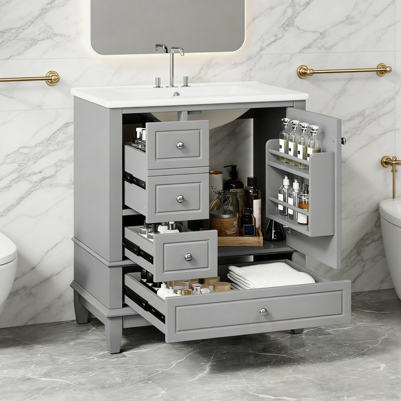 Meuble-lavabo avec lavabo, tablette de porte et trois tiroirs, Gris