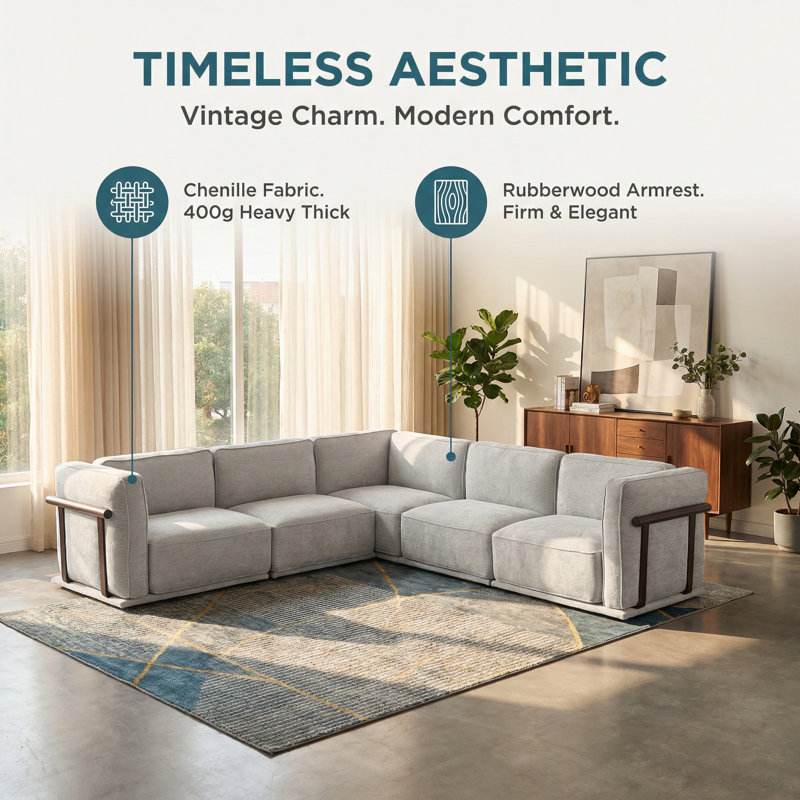 Canapé modulaire en chenille de 120 pouces (5 places) en fer avec coussins rembourrés, idéal pour les salons modernes gris clair