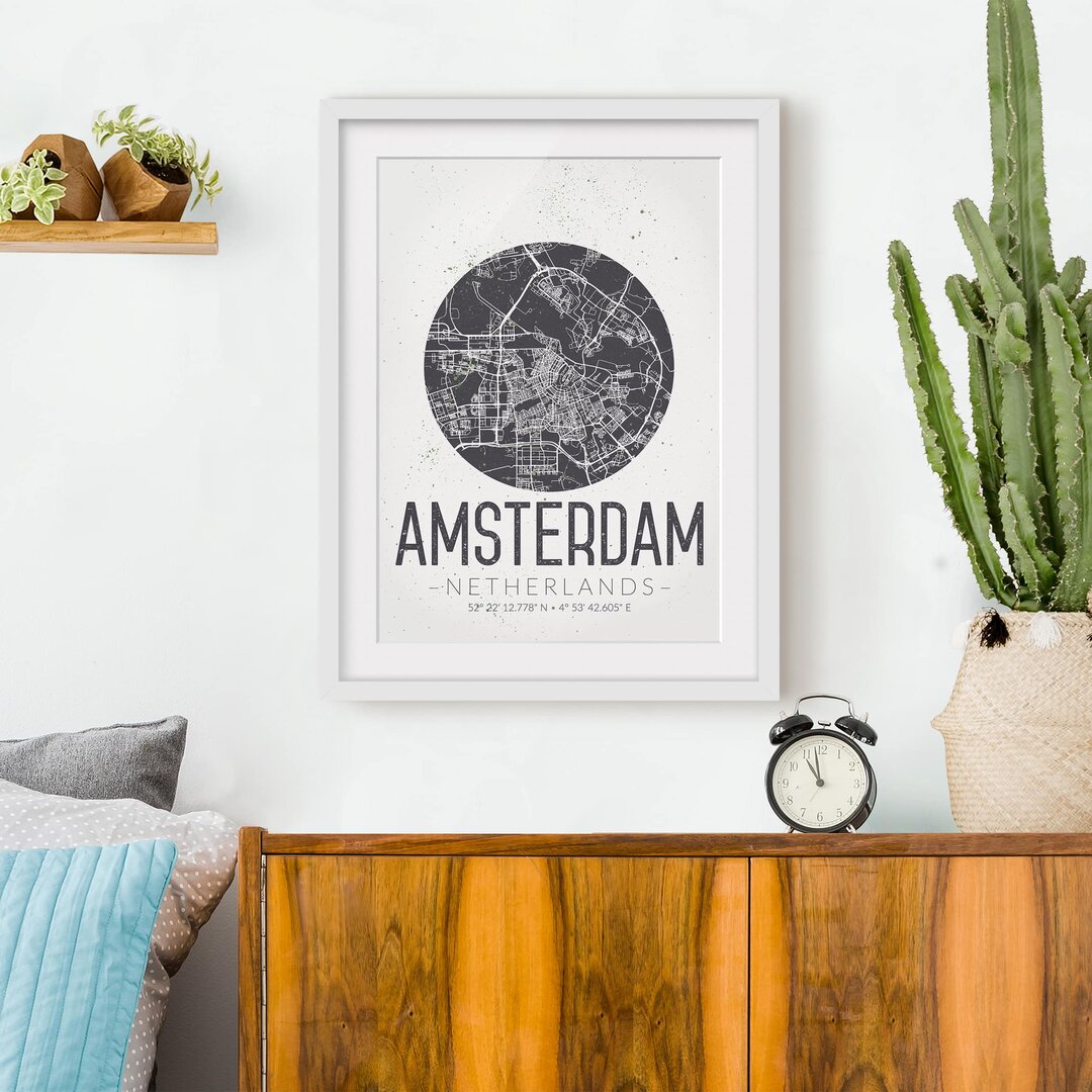 Gerahmtes Papierbild Stadtplan Amsterdam - Retro